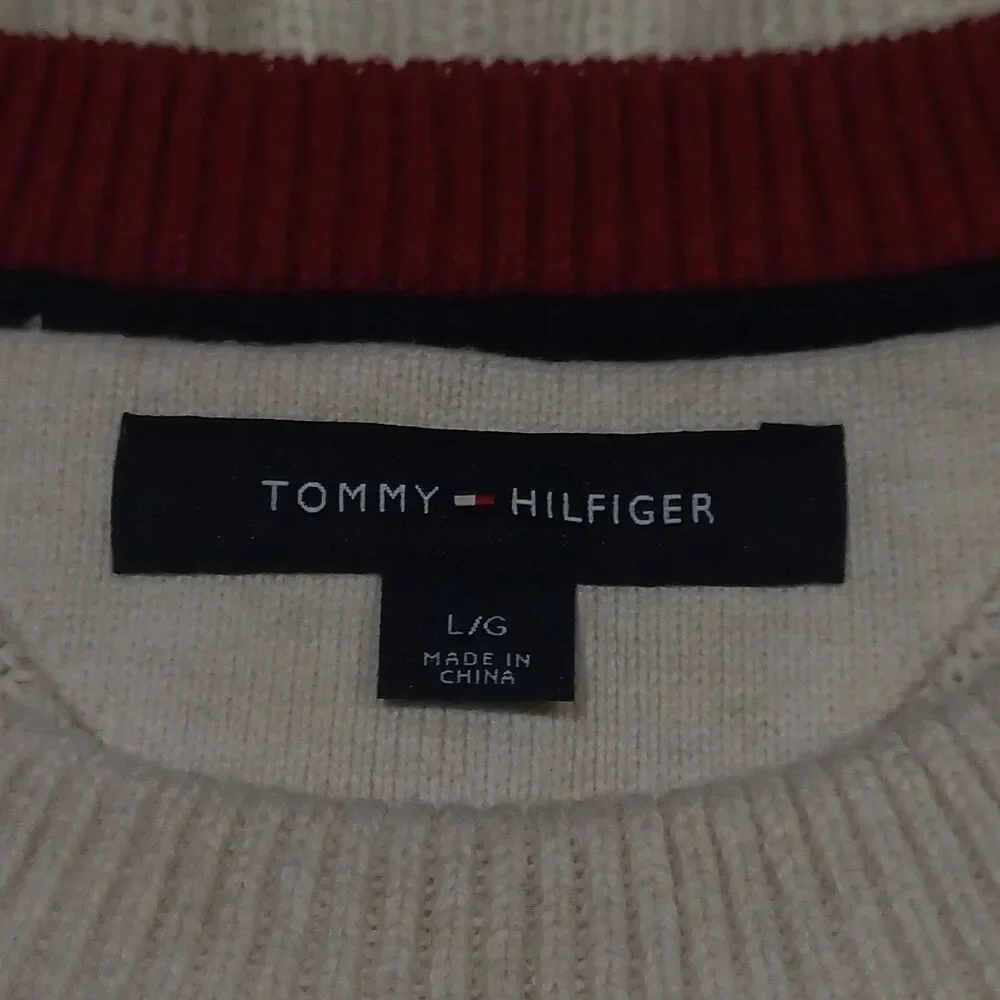 Tommy Hilfiger Mens Size L Beige Blue Stripe 100% Cotton Sweater